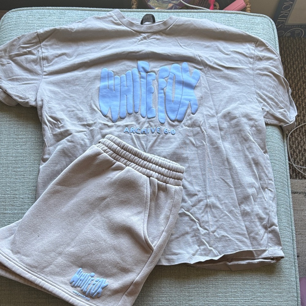 White Fox Boutique Beige Tee and Shorts Set with Blue Logo